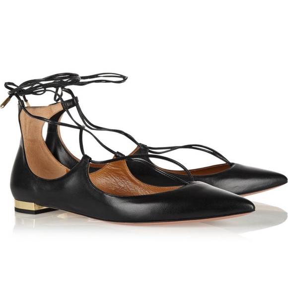 NWOT⎜Aquazzura⎜Christy Leather Lace Up Tie Ballet Point Toe Flats⎜Black - Picture 2 of 13